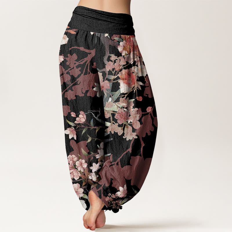 Pure Cotton Red Pink Blooming Flowers Lush Branches Women's Elastic Waist Harem Pants