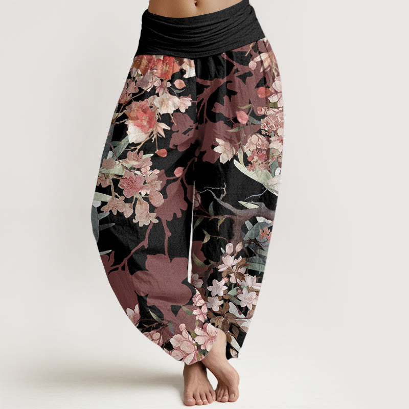 Pure Cotton Red Pink Blooming Flowers Lush Branches Women's Elastic Waist Harem Pants