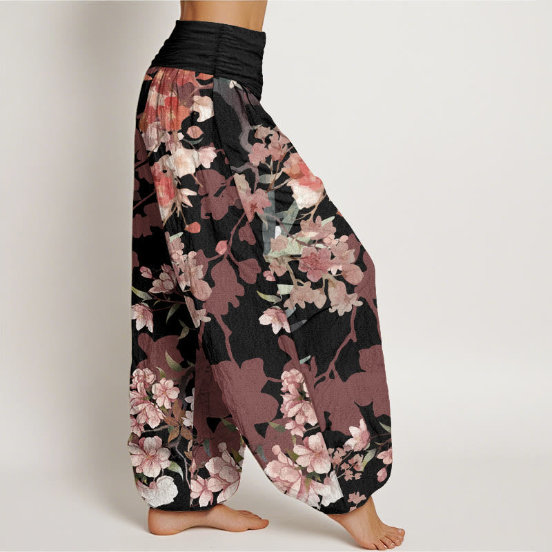 Pure Cotton Red Pink Blooming Flowers Lush Branches Women's Elastic Waist Harem Pants