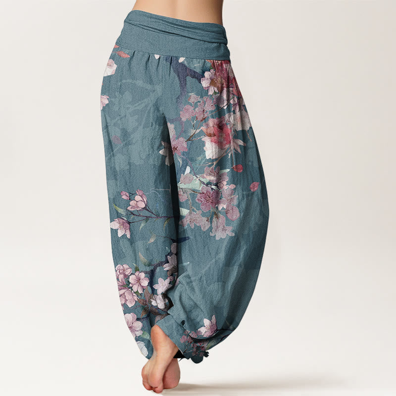 Pure Cotton Red Pink Blooming Flowers Lush Branches Women's Elastic Waist Harem Pants