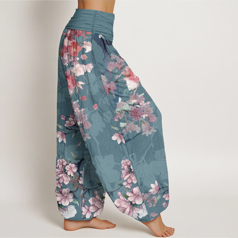 Pure Cotton Red Pink Blooming Flowers Lush Branches Women's Elastic Waist Harem Pants