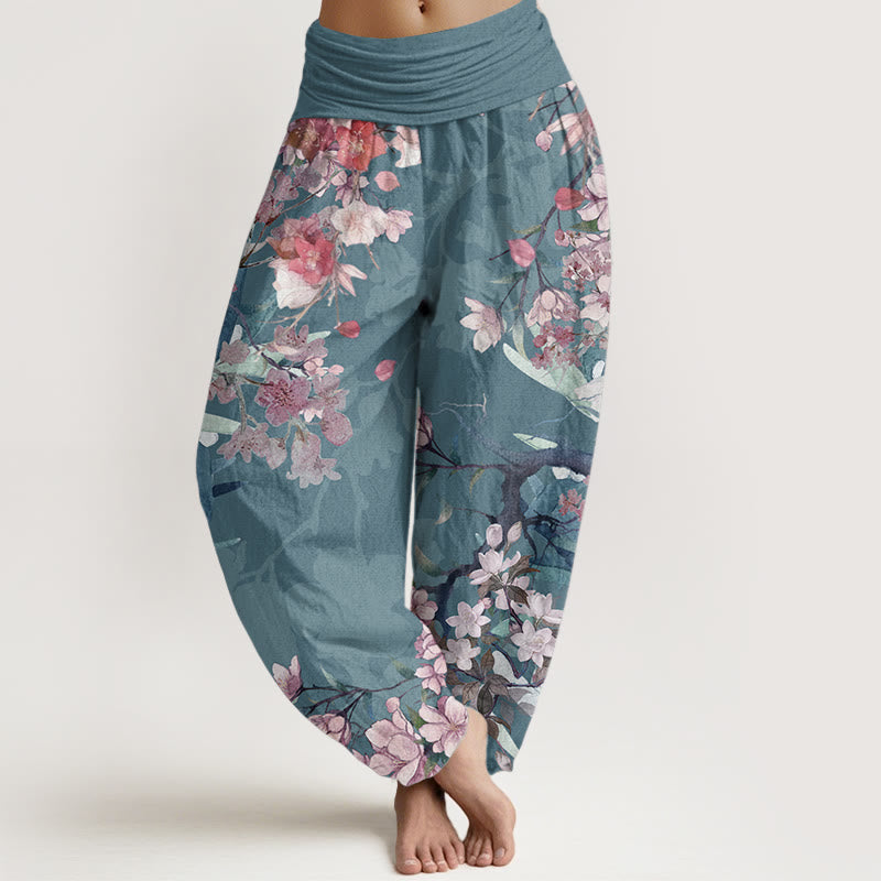 Pure Cotton Red Pink Blooming Flowers Lush Branches Women's Elastic Waist Harem Pants