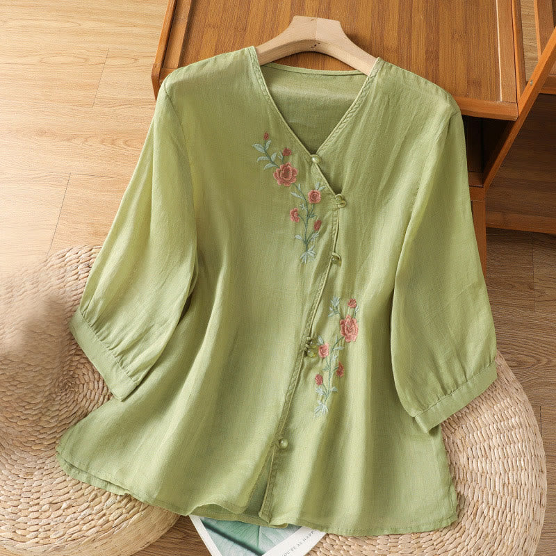 Embroidered Flowers Cotton Women's V-neck Shirt