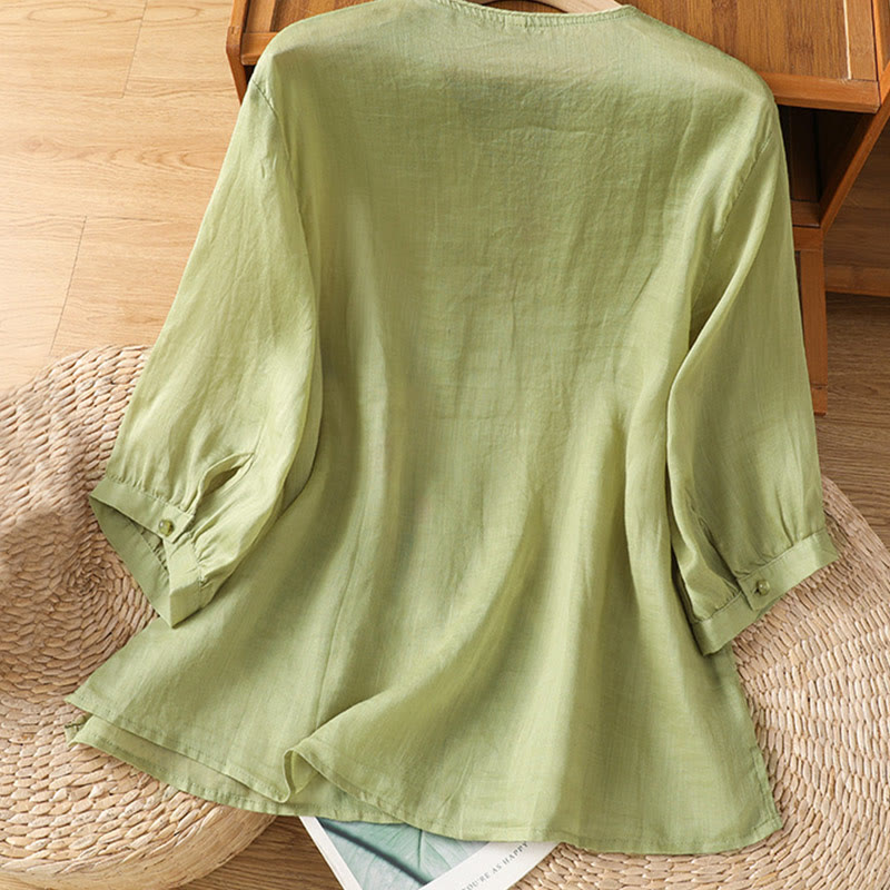 Embroidered Flowers Cotton Women's V-neck Shirt