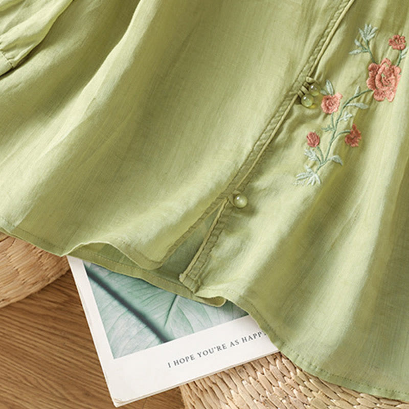Embroidered Flowers Cotton Women's V-neck Shirt
