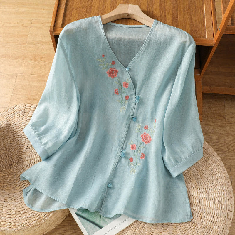 Embroidered Flowers Cotton Women's V-neck Shirt
