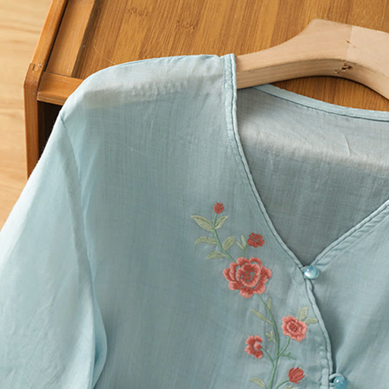 Embroidered Flowers Cotton Women's V-neck Shirt