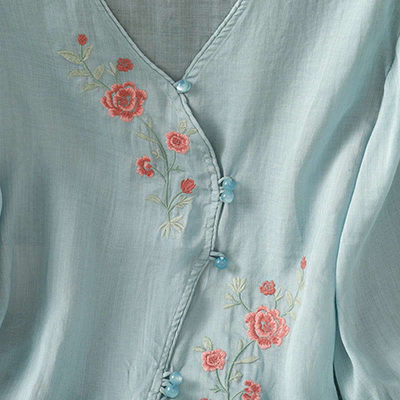 Embroidered Flowers Cotton Women's V-neck Shirt