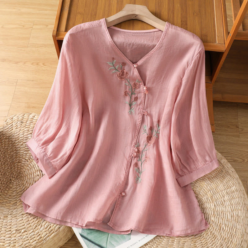 Embroidered Flowers Cotton Women's V-neck Shirt