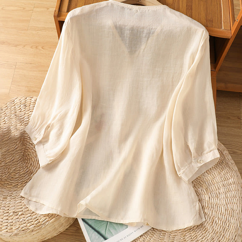 Embroidered Flowers Cotton Women's V-neck Shirt