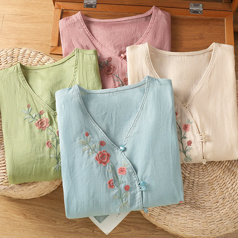 Embroidered Flowers Cotton Women's V-neck Shirt