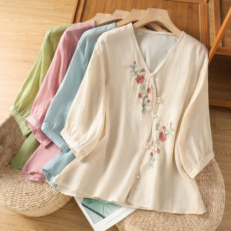 Embroidered Flowers Cotton Women's V-neck Shirt