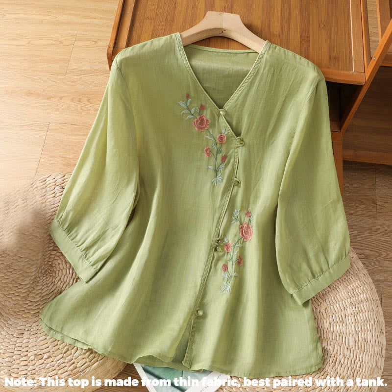 Embroidered Flowers Cotton Women's V-neck Shirt