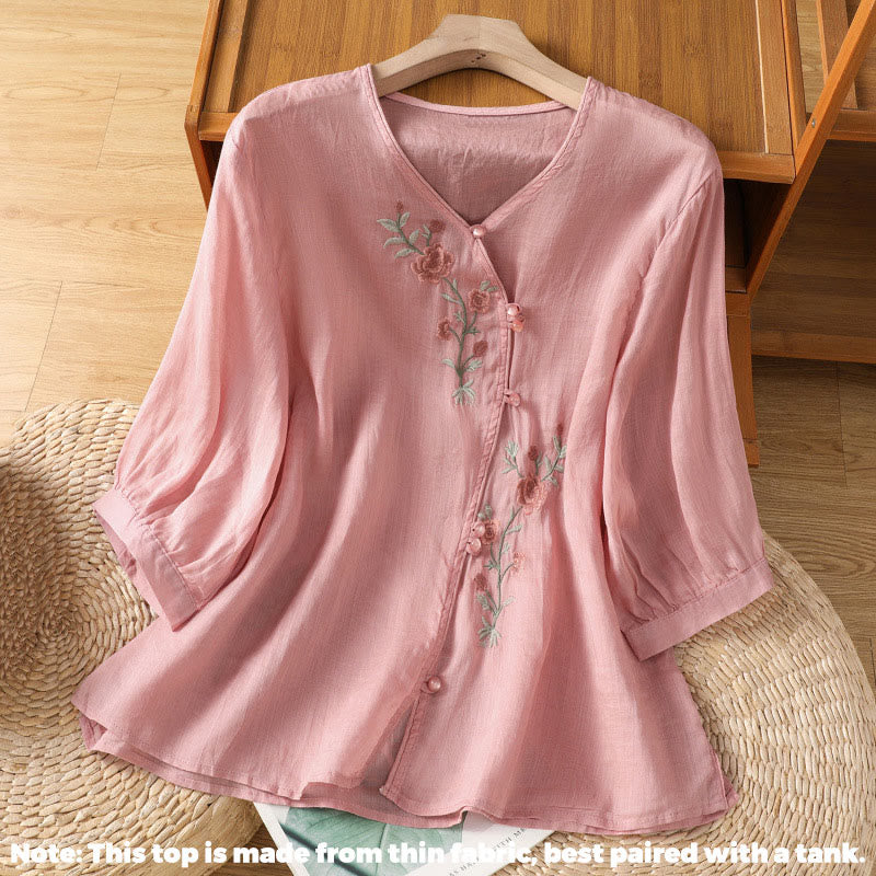 Embroidered Flowers Cotton Women's V-neck Shirt