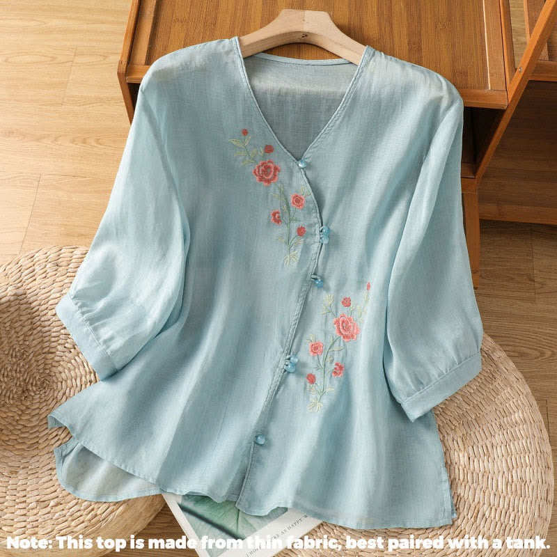 Embroidered Flowers Cotton Women's V-neck Shirt