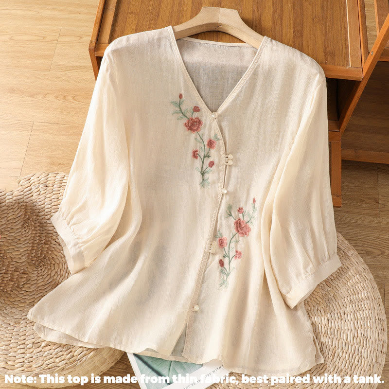 Embroidered Flowers Cotton Women's V-neck Shirt