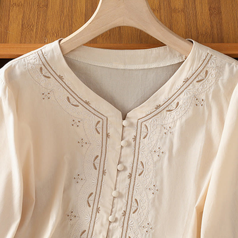 Breathable Cotton Symmetrical Embroidered Mindful V-Neck Shirt