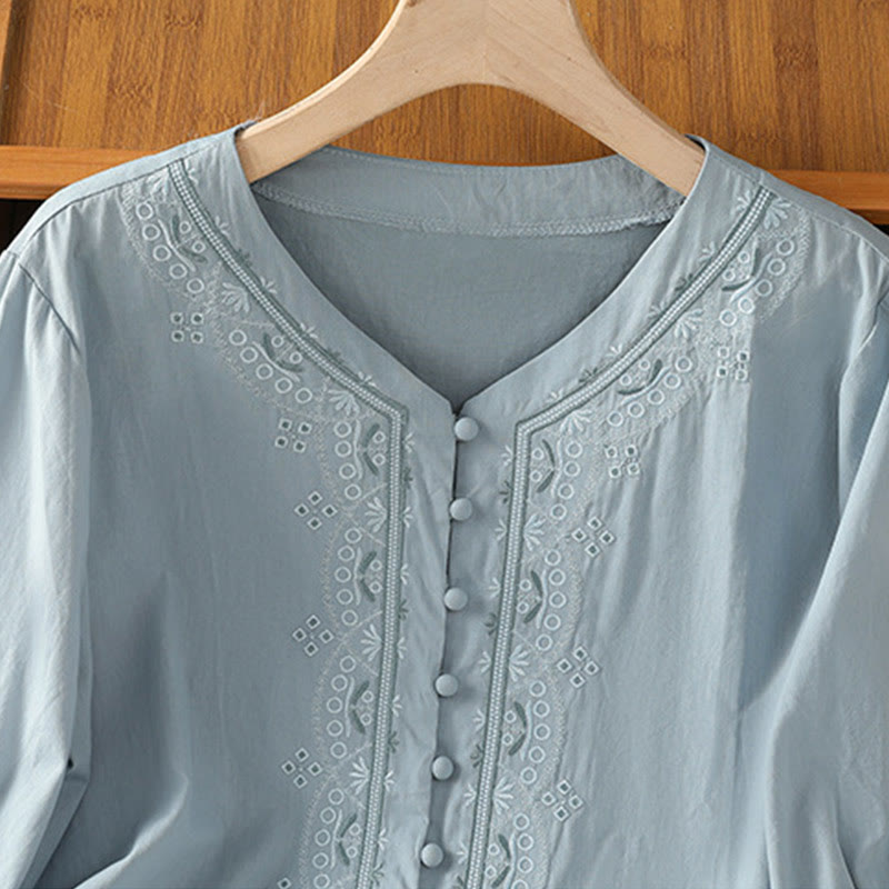 Breathable Cotton Symmetrical Embroidered Mindful V-Neck Shirt