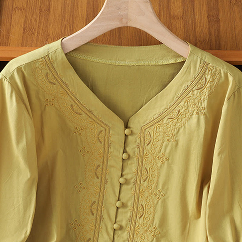 Breathable Cotton Symmetrical Embroidered Mindful V-Neck Shirt