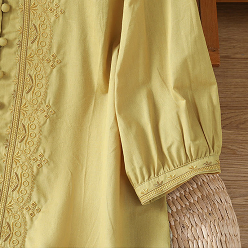 Breathable Cotton Symmetrical Embroidered Mindful V-Neck Shirt