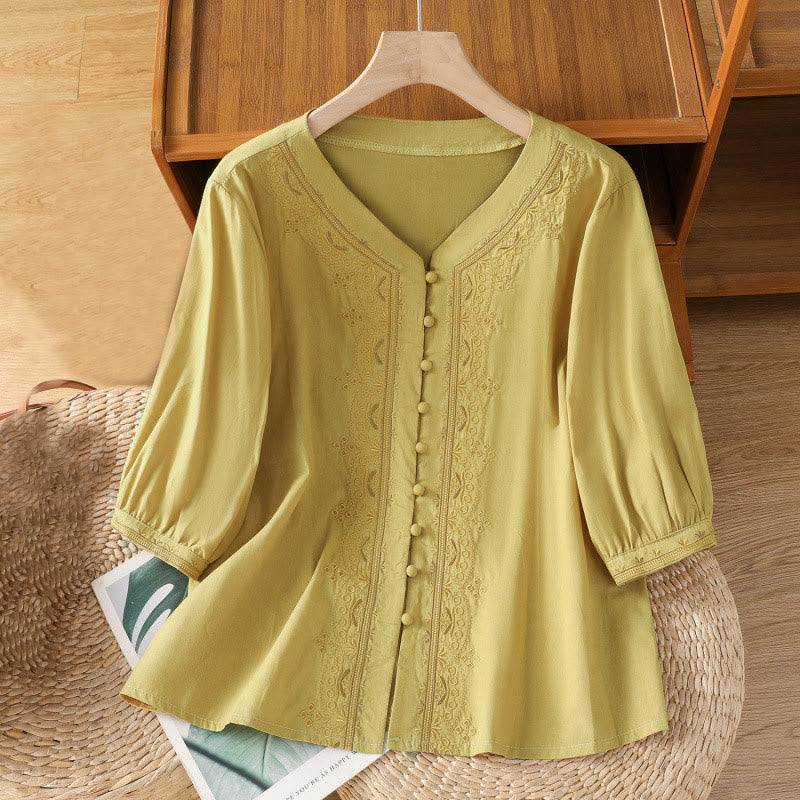 Breathable Cotton Symmetrical Embroidered Mindful V-Neck Shirt