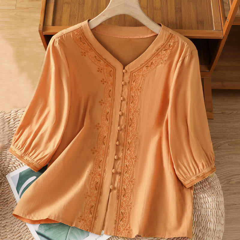 Breathable Cotton Symmetrical Embroidered Mindful V-Neck Shirt