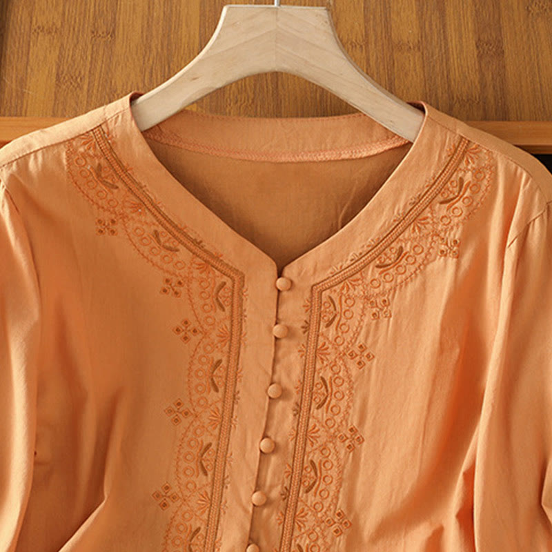 Breathable Cotton Symmetrical Embroidered Mindful V-Neck Shirt