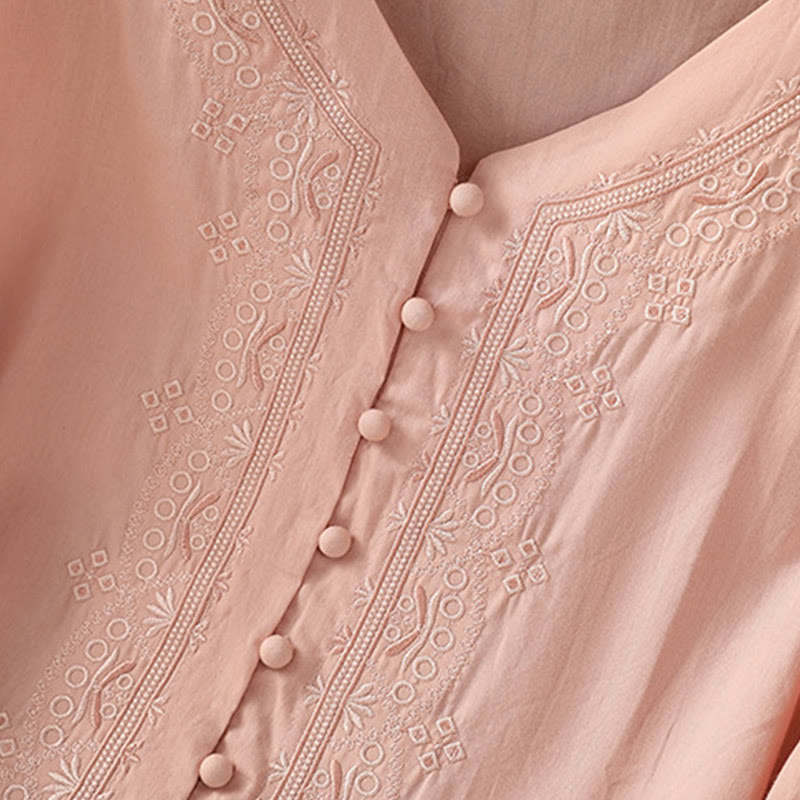 Breathable Cotton Symmetrical Embroidered Mindful V-Neck Shirt