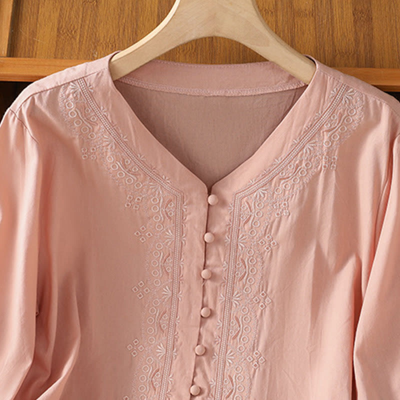 Breathable Cotton Symmetrical Embroidered Mindful V-Neck Shirt