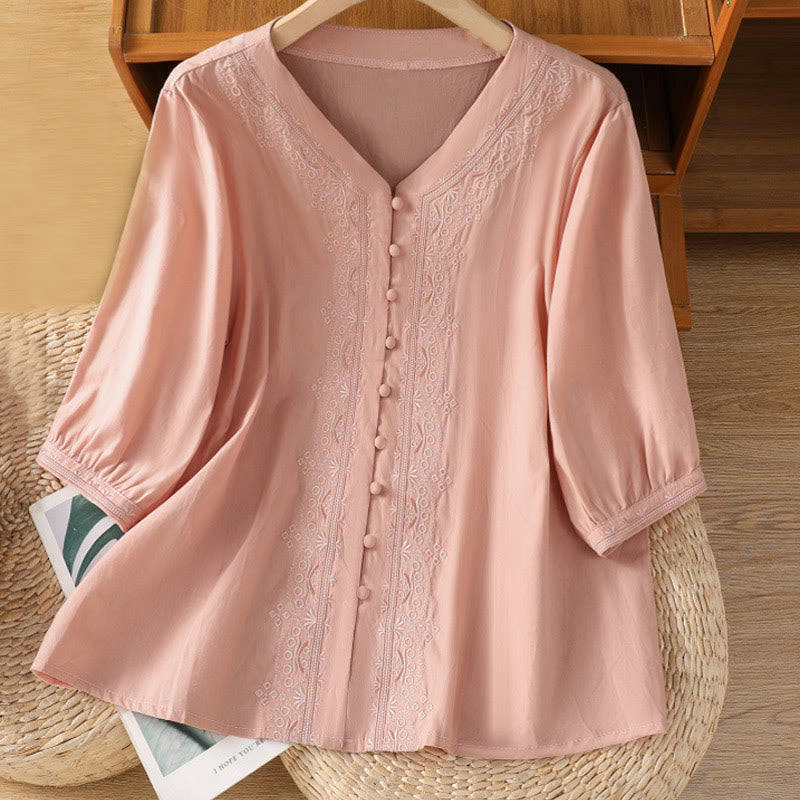 Breathable Cotton Symmetrical Embroidered Mindful V-Neck Shirt