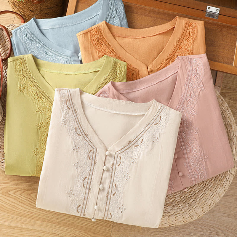 Breathable Cotton Symmetrical Embroidered Mindful V-Neck Shirt