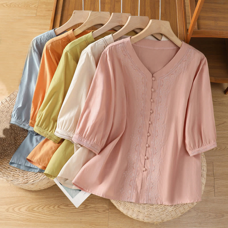 Breathable Cotton Symmetrical Embroidered Mindful V-Neck Shirt