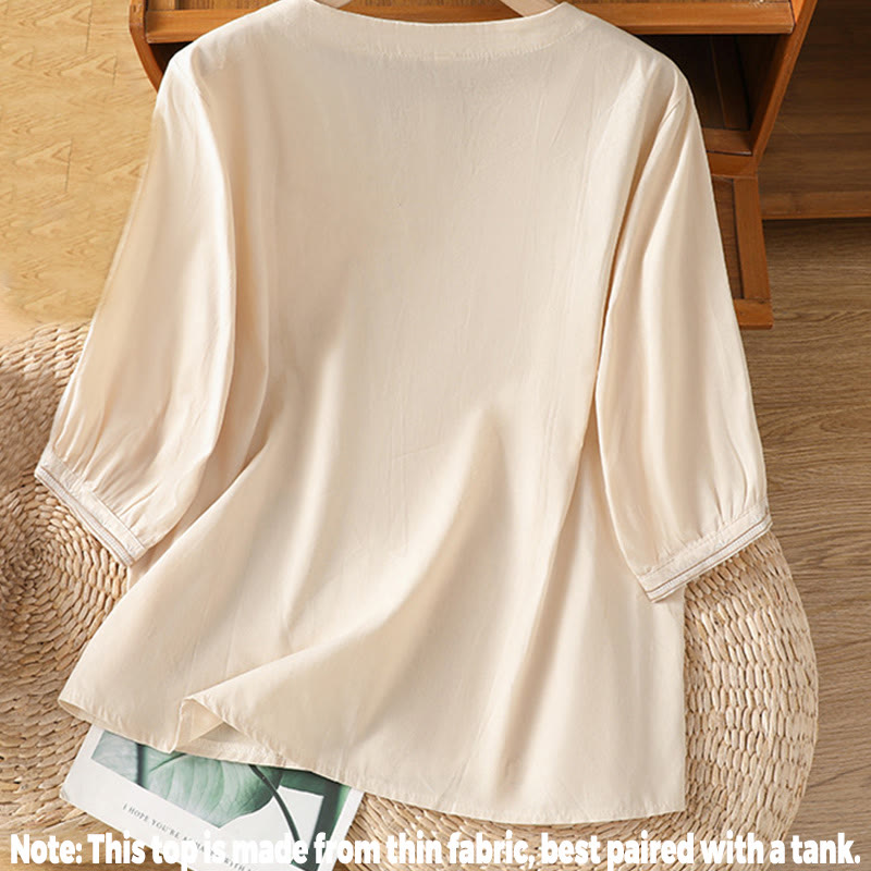 Breathable Cotton Symmetrical Embroidered Mindful V-Neck Shirt