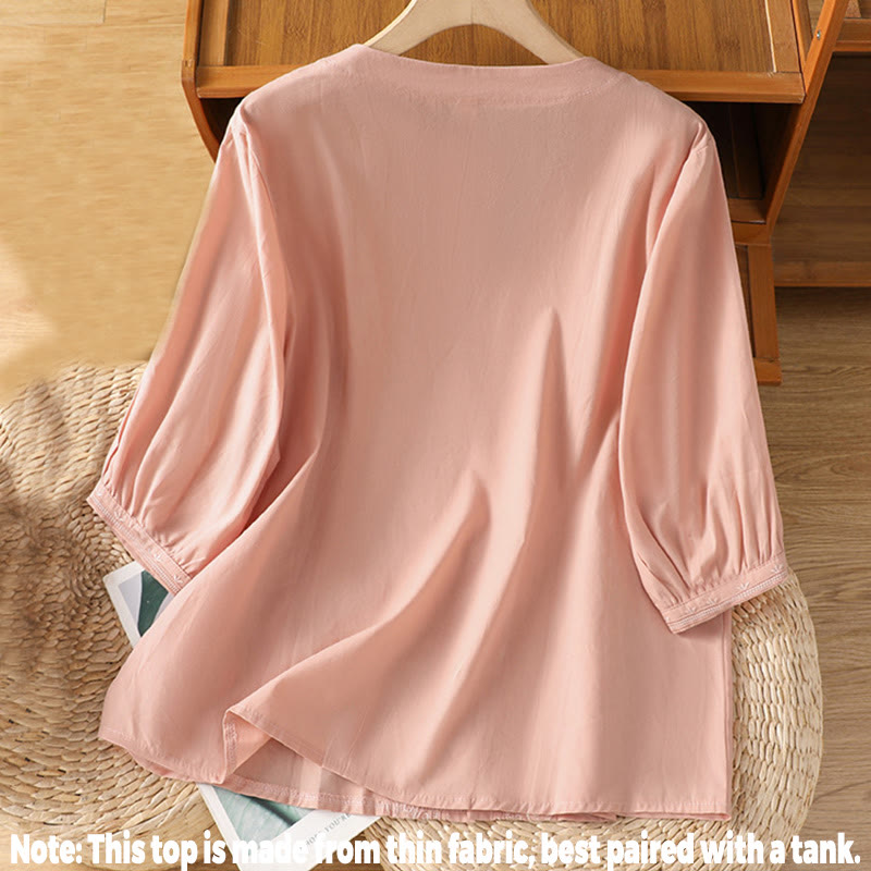 Breathable Cotton Symmetrical Embroidered Mindful V-Neck Shirt