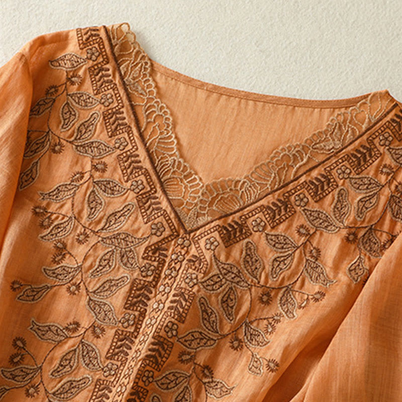 Embroidered Lace Casual Women's Cotton Linen Half Sleeve T-shirt