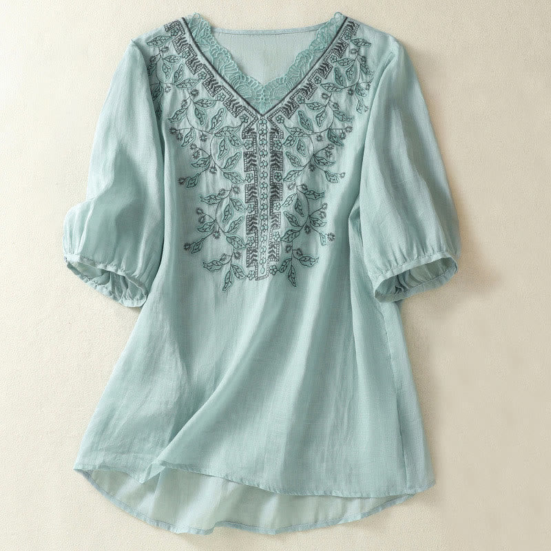 Embroidered Lace Casual Women's Cotton Linen Half Sleeve T-shirt