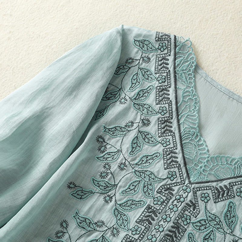 Embroidered Lace Casual Women's Cotton Linen Half Sleeve T-shirt