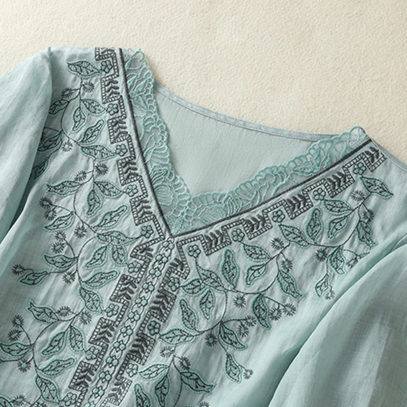 Embroidered Lace Casual Women's Cotton Linen Half Sleeve T-shirt
