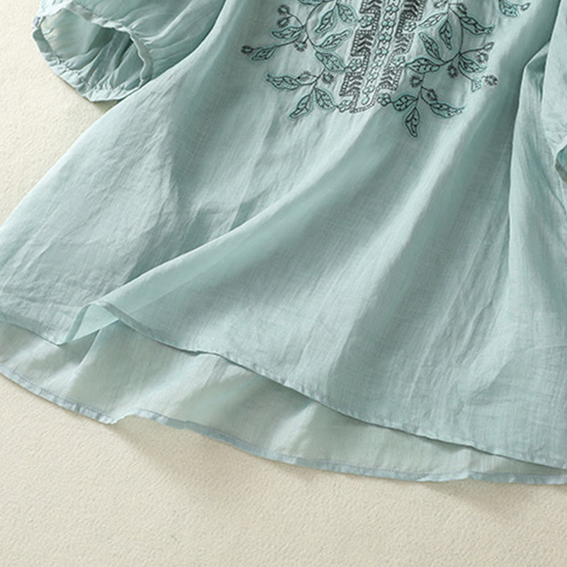 Embroidered Lace Casual Women's Cotton Linen Half Sleeve T-shirt