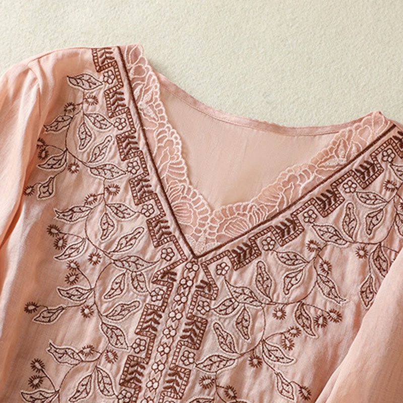 Embroidered Lace Casual Women's Cotton Linen Half Sleeve T-shirt