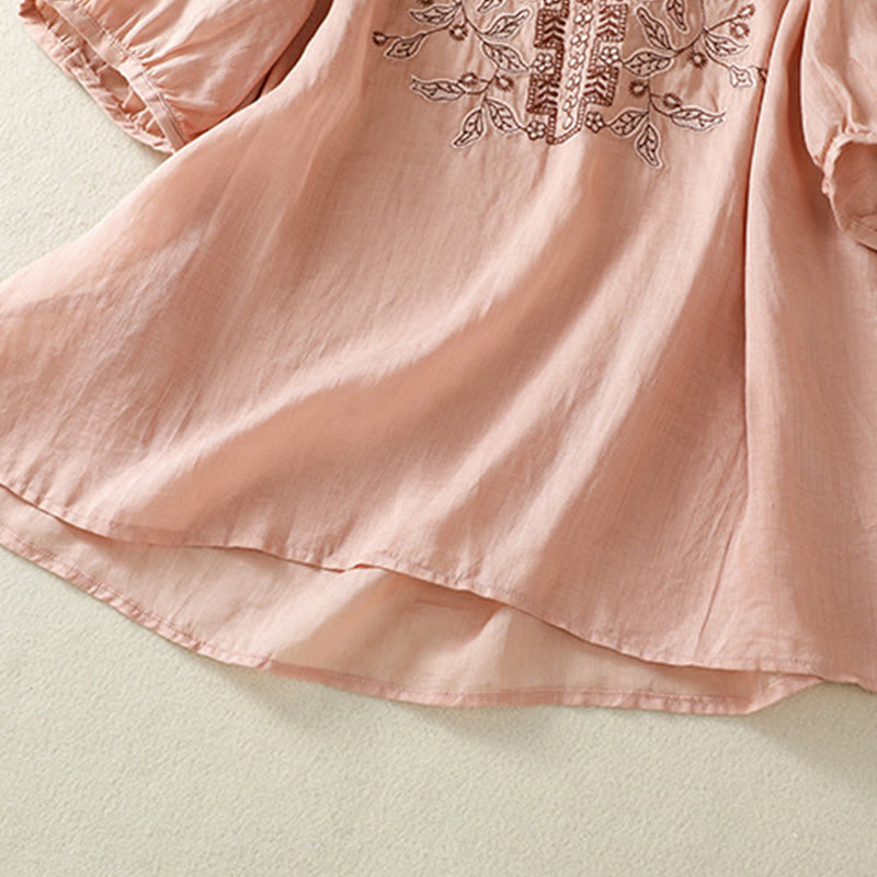 Embroidered Lace Casual Women's Cotton Linen Half Sleeve T-shirt