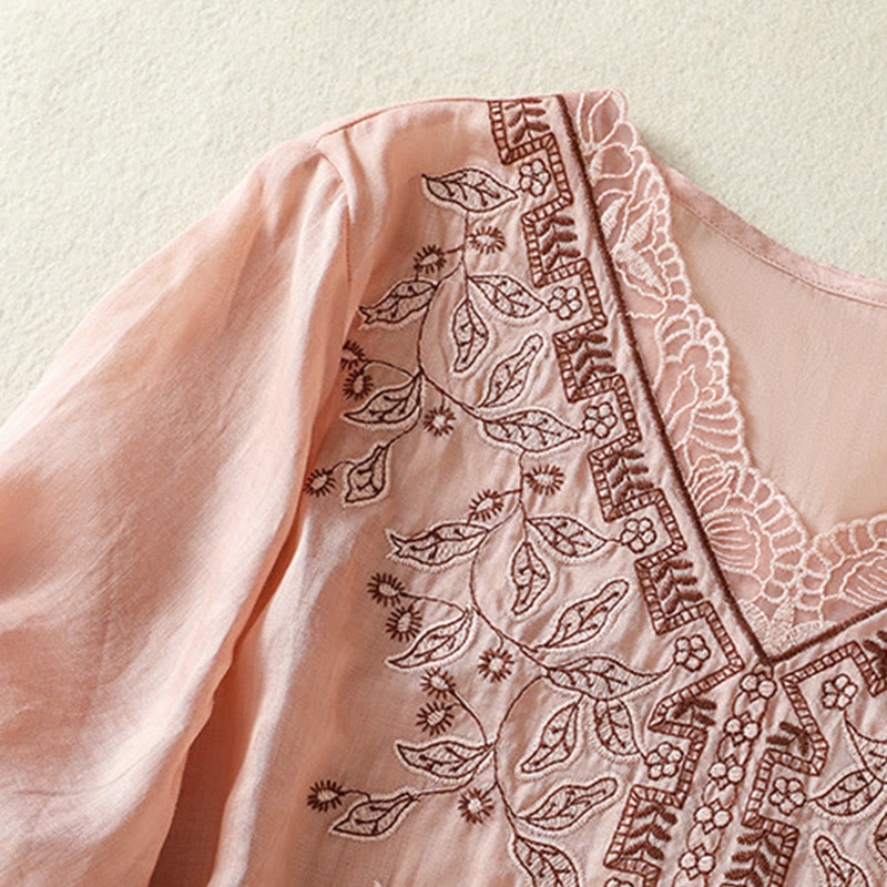Embroidered Lace Casual Women's Cotton Linen Half Sleeve T-shirt