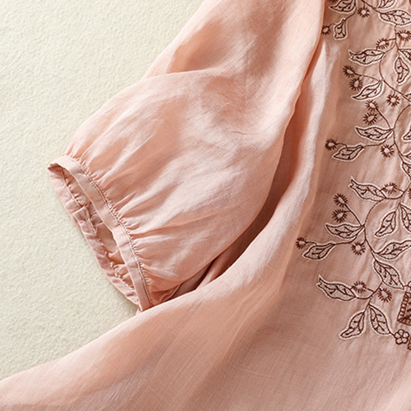 Embroidered Lace Casual Women's Cotton Linen Half Sleeve T-shirt