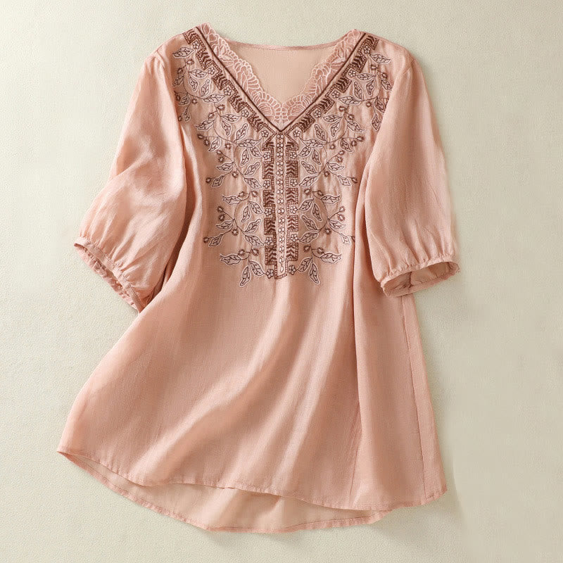 Embroidered Lace Casual Women's Cotton Linen Half Sleeve T-shirt