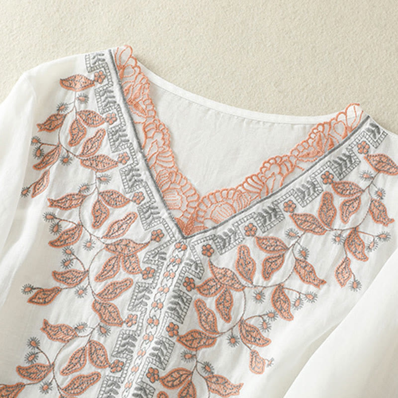Embroidered Lace Casual Women's Cotton Linen Half Sleeve T-shirt