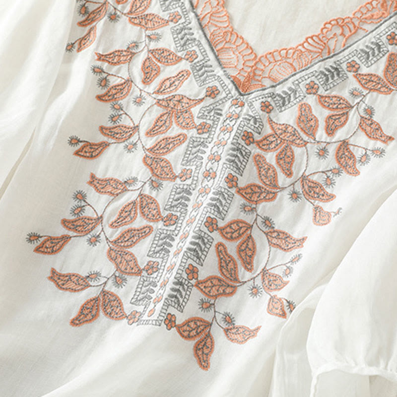 Embroidered Lace Casual Women's Cotton Linen Half Sleeve T-shirt