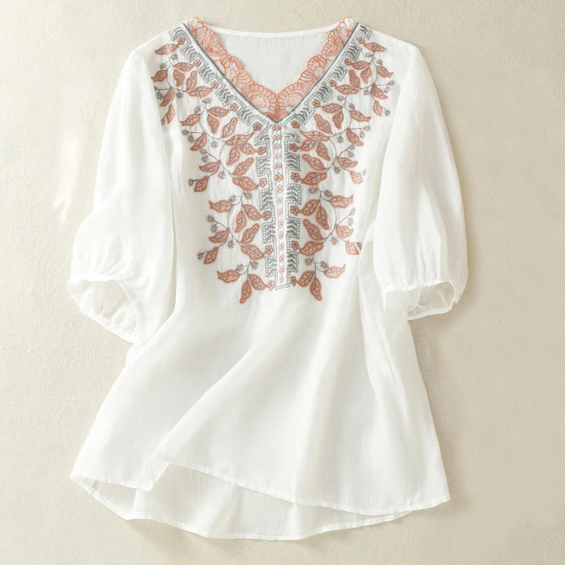 Embroidered Lace Casual Women's Cotton Linen Half Sleeve T-shirt