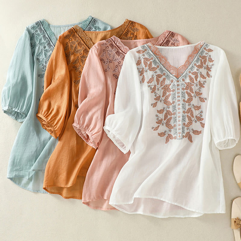 Embroidered Lace Casual Women's Cotton Linen Half Sleeve T-shirt