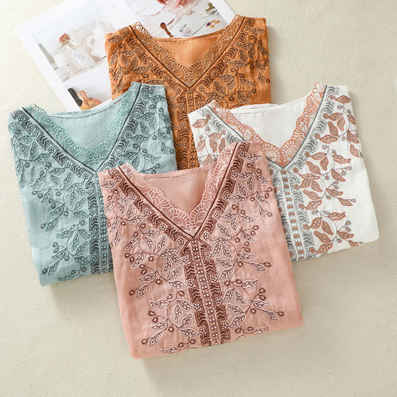 Embroidered Lace Casual Women's Cotton Linen Half Sleeve T-shirt