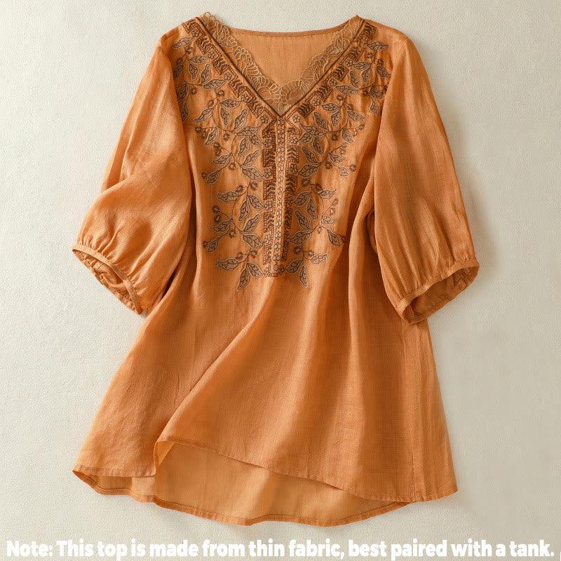 Embroidered Lace Casual Women's Cotton Linen Half Sleeve T-shirt